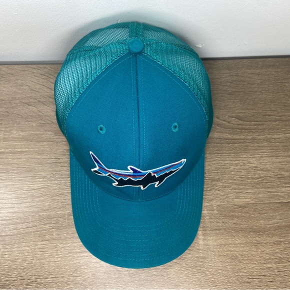 Patagonia Fitz Roy Trout Logo Trucker Hat Mens Snapback Mesh Cap Teal Adjustable - Picture 3 of 16